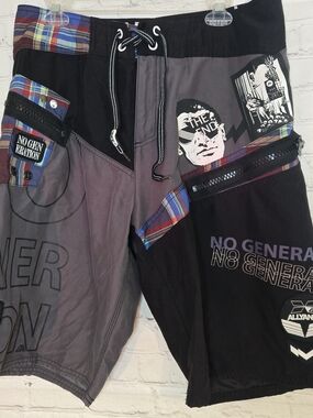 Men’s Patchwork Board Shorts - Black & Gray Plaid Accents